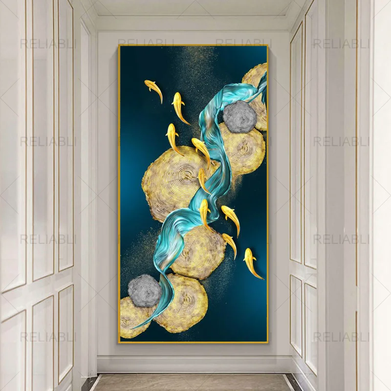 Абстрактная картина с кои на холсте, настенное искусство, плакаты и принты с рыбами по Фен-шуй, Карп, пруд с лотосами, картины для декора гостиной