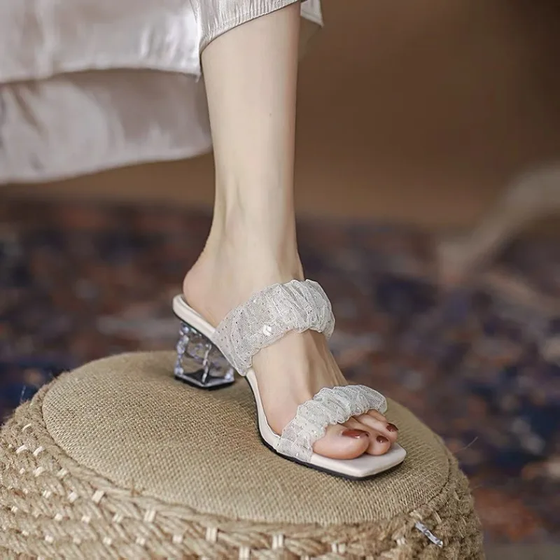 Прозрачные женские летние босоножки на массивном каблуке с кристаллами, Новые женские французские сандалии Fairy All-Match