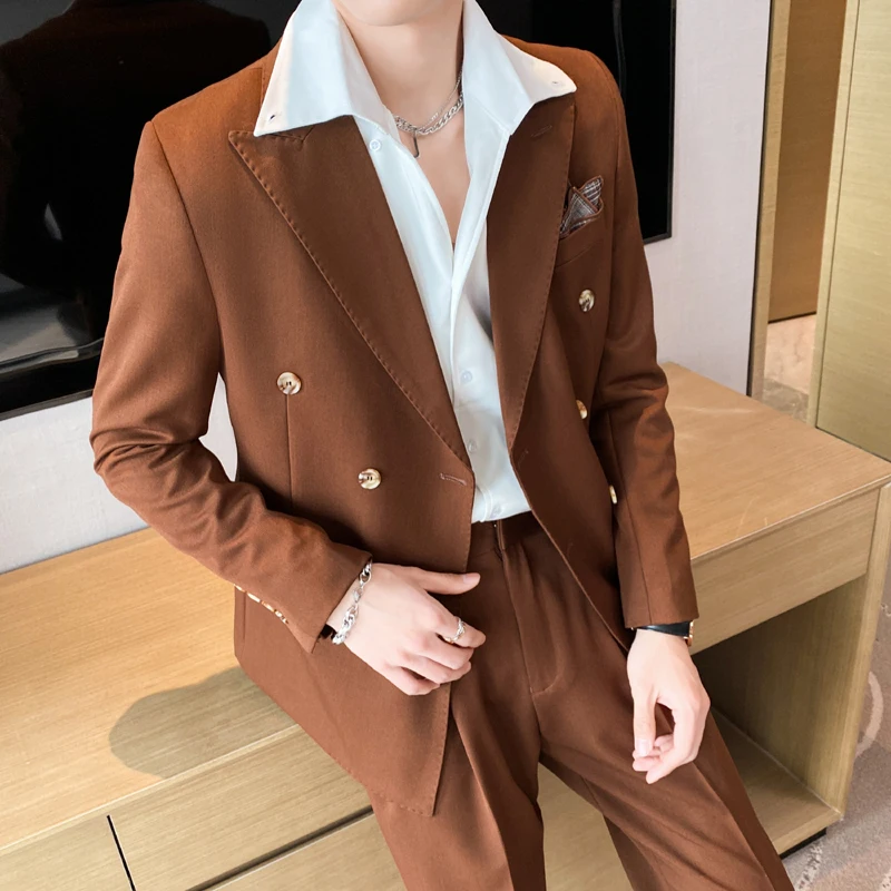 Высококачественный двубортный блейзер, мужская одежда, простые осенние приталенные однотонные пиджаки и пальто, деловой Официальный смокинг