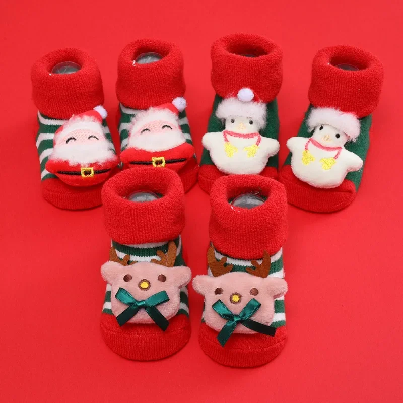 Новые Модные Рождественские Носки Для маленьких детей, Зимние Кукольные Клейкие Толстые Шерстяные Хлопчатобумажные Носки 0-1 Лет