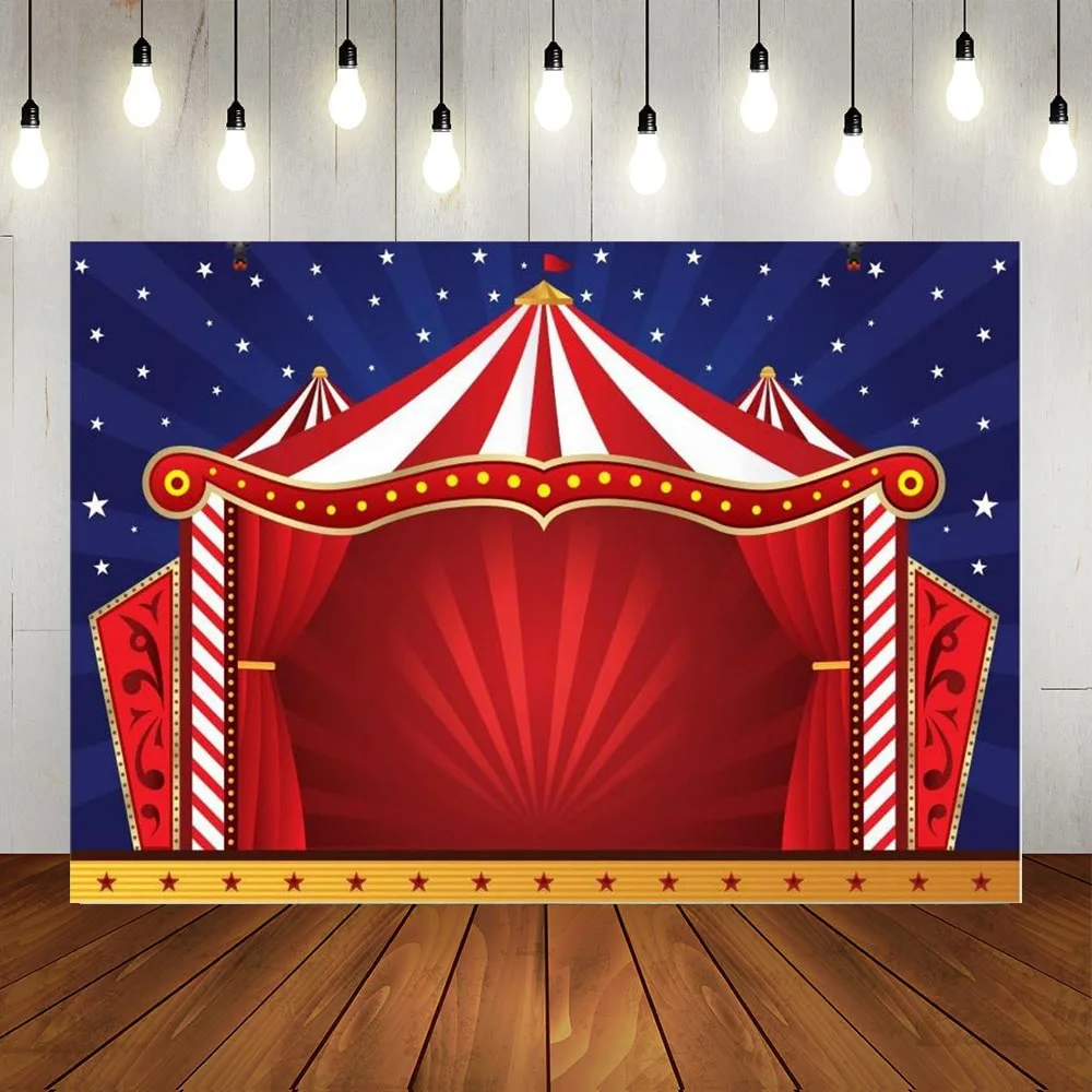 Фон циркового шатра, Палатка в красно-белую полоску, Синий фон, Сверкающий луч света, Цирковое магическое шоу, фотография для вечеринки по случаю дня рождения