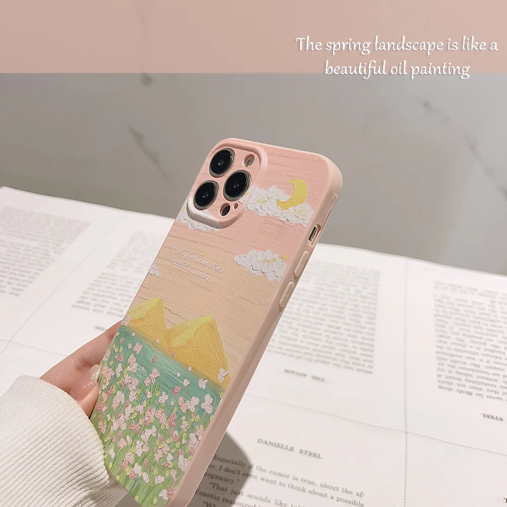 Розовые чехлы для телефонов с пейзажем масляной краской для iPhone 11 12 13 14 Pro Max Корейский винтажный чехол для iPhone Цветок Гора Белое облако Луна