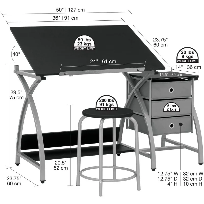Комплект Comet Center Plus из 2 предметов, стол для рукоделия и Соответствующий табурет с местом для хранения и регулируемой столешницей, 50x23.75x29.5 Дюймов, Серебристый / Черный