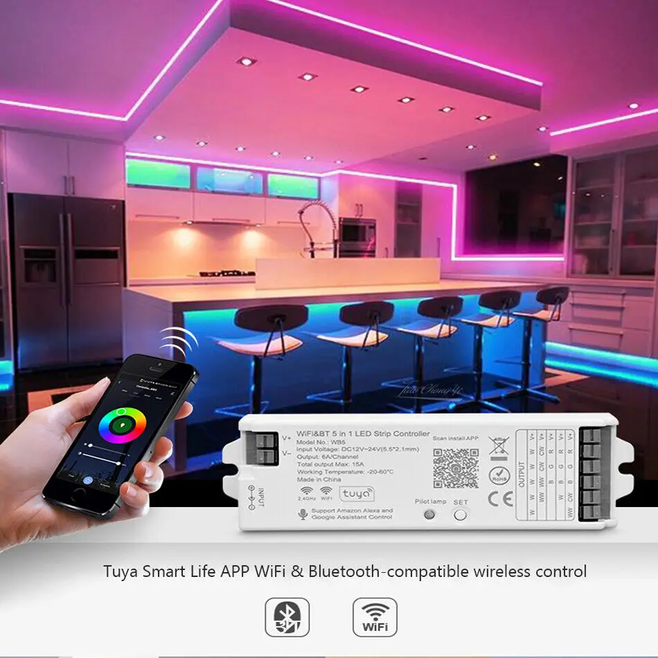 WIFI Bluetooth-совместимый Контроллер Светодиодной Ленты WB5 5в1 5-Канальный Поддержка Tuya APP Voice Control RGB + CCT Remote Для RGB RGBCCT CCT led