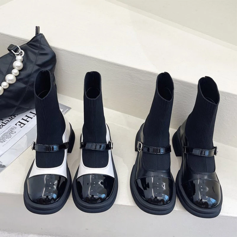 2022 Новые весенне-осенние женские ботильоны, женские туфли на квадратном каблуке с круглым носком и ремешками с пряжкой, женские короткие ботильоны из натуральной кожи
