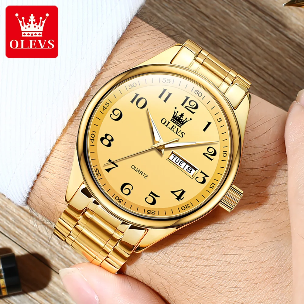 Мужские кварцевые часы OLEVS из роскошной золотой нержавеющей стали, водонепроницаемые, со светящимся двойным циферблатом с календарем, повседневные модные мужские наручные часы