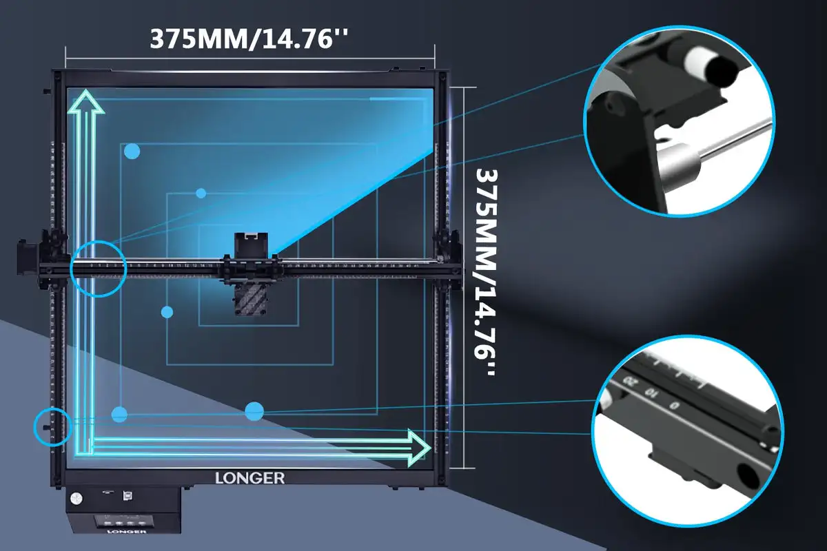 Лазерный гравер LONGER Ray5 мощностью 20 Вт, быстрая фокусировка, управление по Wi-Fi, 375x375 мм, Мощность гравировально-режущего станка 22-24 Вт, Защита от перемещения