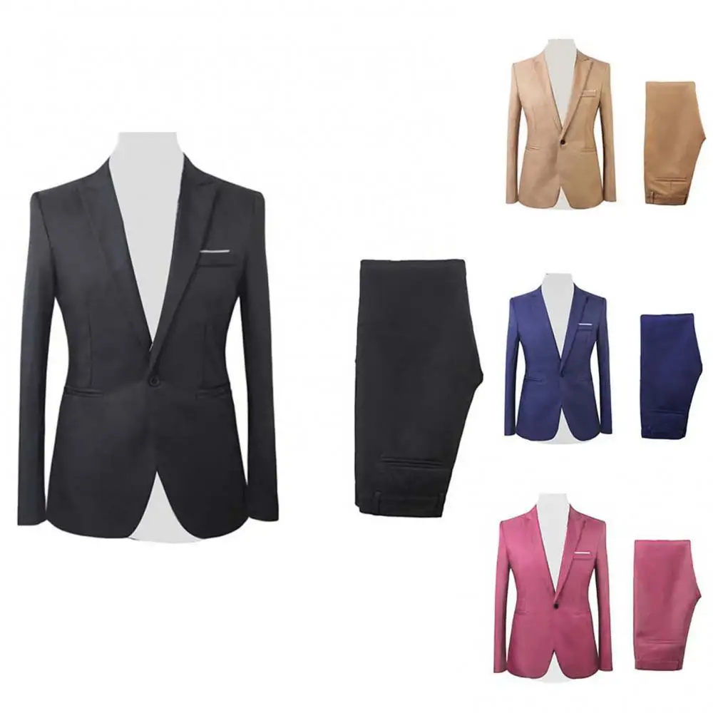 Офисный деловой мужской костюм из 2 предметов, однотонный блейзер с лацканами, брюки с длинным рукавом, облегающий костюм