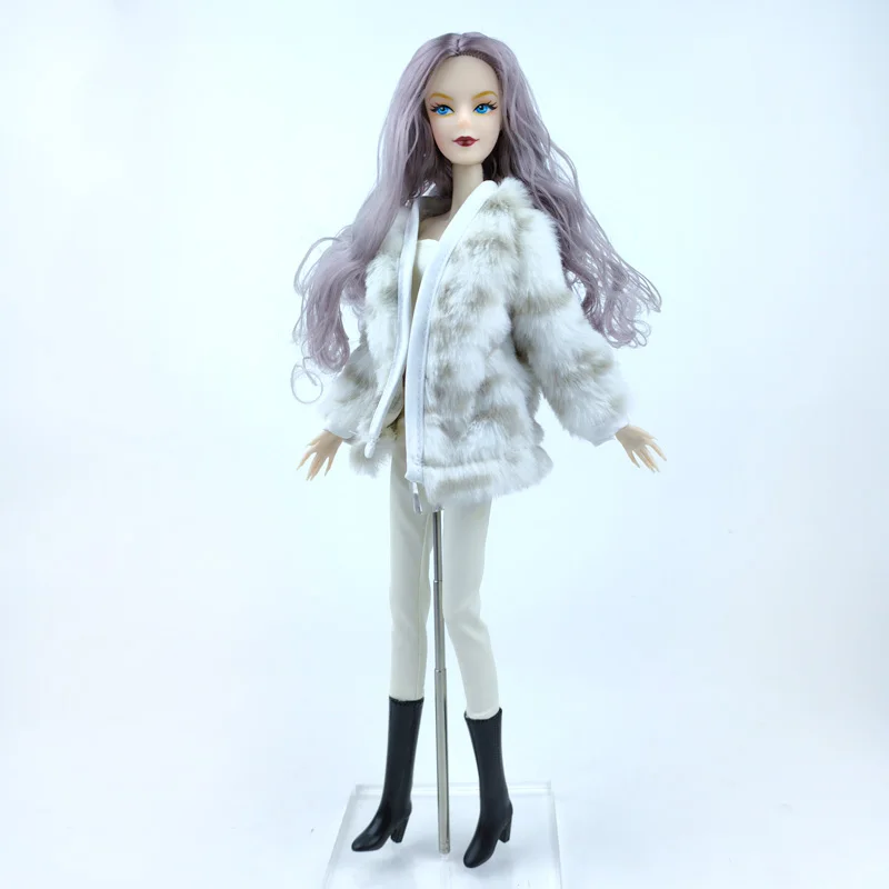 Модная кукольная одежда из меха белого леопарда, комплект одежды для Барби, аксессуары для кукол 1/6 для Барби, пальто, топ, укороченные брюки, Шляпа, ботинки