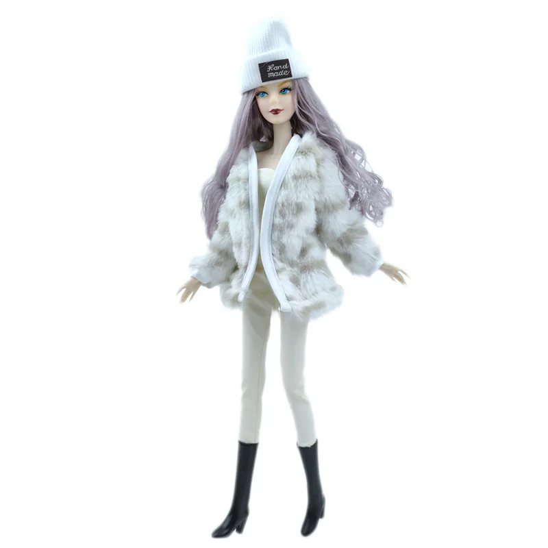Модная кукольная одежда из меха белого леопарда, комплект одежды для Барби, аксессуары для кукол 1/6 для Барби, пальто, топ, укороченные брюки, Шляпа, ботинки