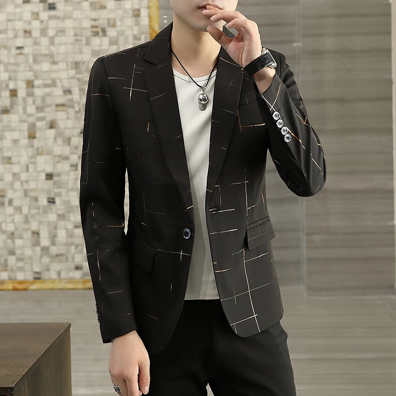 Весенне-осенний мужской новый модный тренд 2023 года, соответствующий тренду, красивый пиджак с золотой полосой высокого класса single west slim small suit jacket
