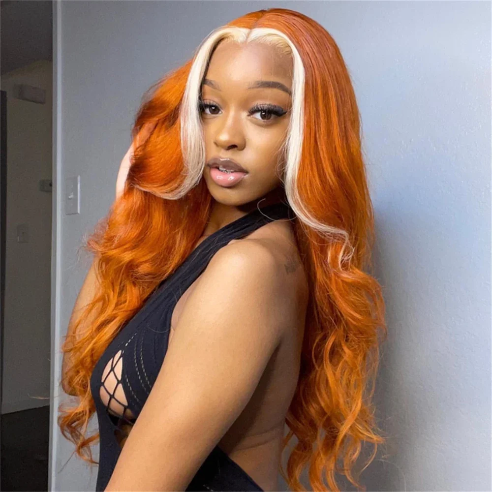 Рыжевато-русый кружевной парик с мелированными оранжевыми кружевными париками Объемная волна Синтетические волосы Длинные бесклеевые для косплея на Хэллоуин