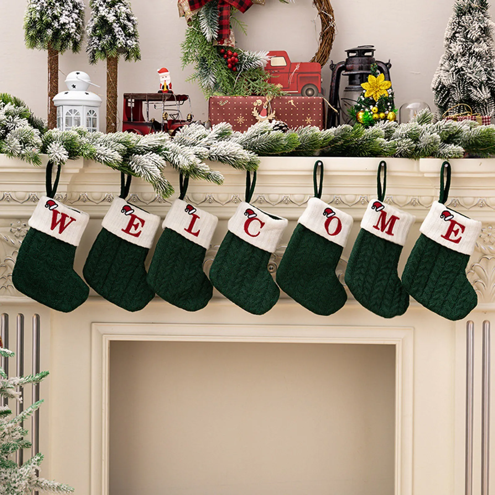 Новогодний Рождественский чулок с зелеными буквами алфавита, Рождественский орнамент, украшение Рождественской елки для дома, Рождественские подарочные носки
