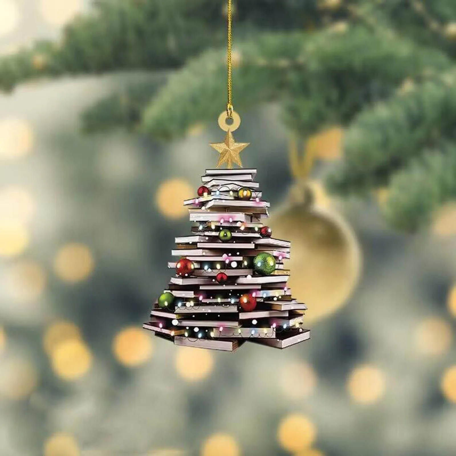 Подвесной орнамент в форме рождественской елки с рисунком книжного домика, креативный акриловый кулон с двусторонним принтом, Рождественское подвесное украшение 2D