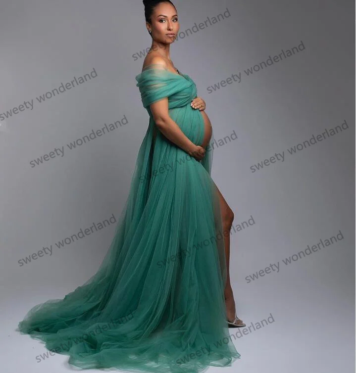 Hunter Зеленое Тюлевое Платье для беременных С разрезом спереди и открытыми плечами, Платье для душа Ребенка, Иллюзионные Сетчатые платья для выпускного вечера