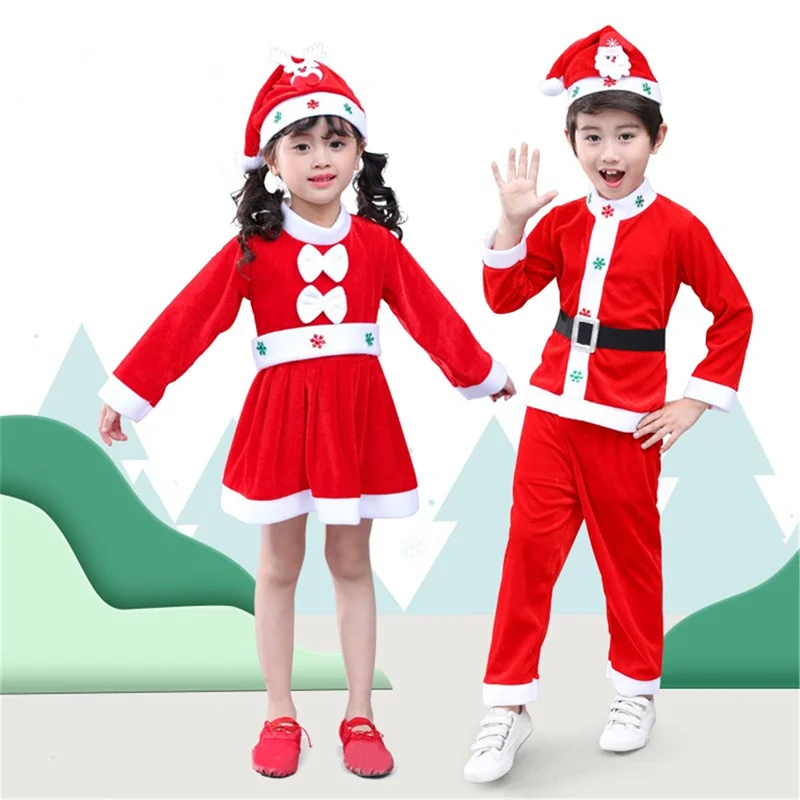Комплекты рождественской одежды для детей Для маленьких девочек Рождественский костюм Для мальчиков Костюмы Санта-Клауса Детский топ + Брюки + Шляпа 3шт Праздничный наряд