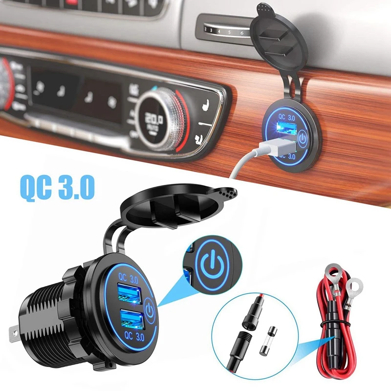 10-кратное автомобильное зарядное устройство Quick Charge 3.0 с двумя USB-портами 12 В 36 Вт USB-быстрое зарядное устройство с переключателем для лодки мотоцикла грузовика Гольф-кара Синий