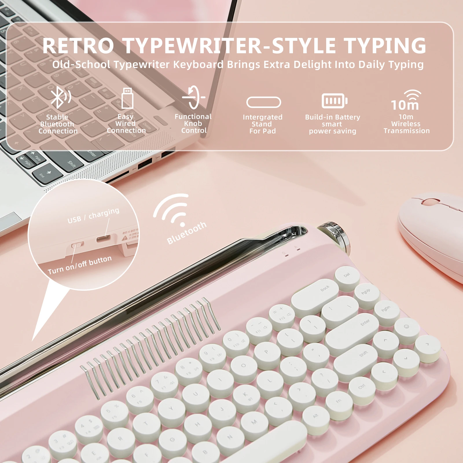 YUNZII B307 Baby Pink Модернизированная Беспроводная Клавиатура для Пишущей Машинки USB-C/Bluetooth в стиле Ретро со Встроенной Подставкой и Симпатичными Круглыми Колпачками Для Клавиш