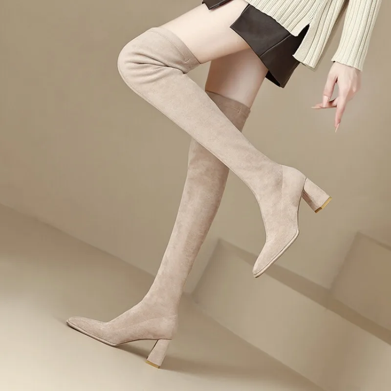 LeShion Of Chanmeb/ Женские Ботфорты выше колена из искусственной замши телесного цвета на толстом высоком каблуке, зимние женские ботинки с квадратным носком 42
