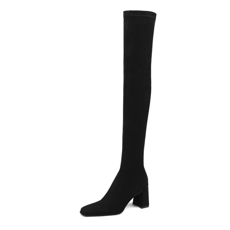 LeShion Of Chanmeb/ Женские Ботфорты выше колена из искусственной замши телесного цвета на толстом высоком каблуке, зимние женские ботинки с квадратным носком 42