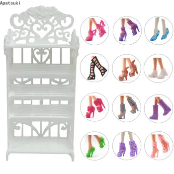 1/6 Подставка для кукольной обуви + 12 пар Модной обуви для кукольной мебели Барби, аксессуары для игрового набора, сапоги на высоком каблуке, Сандалии, комплект обуви