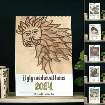 1 ШТ 2024 Декоративный Забавный Подарок-розыгрыш Настенный календарь со Львом, как показано на рисунке, Плотная бумага для школьного льва