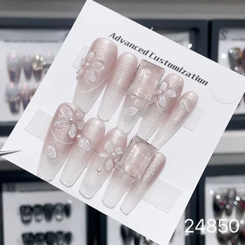 10 шт., блестящий розовый рисунок на ногтях, 3D Прозрачный цветок, бриллиантовый дизайн, Акриловые ногти ручной работы, полное покрытие, наконечники, искусственный маникюр