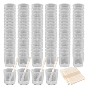 100 упаковок Пластиковых градуированных стаканчиков объемом 60 мл / 2 унции, прозрачных чашек с весами, прозрачных стаканчиков для смешивания эпоксидной смолы со 100 шт палочек для перемешивания
