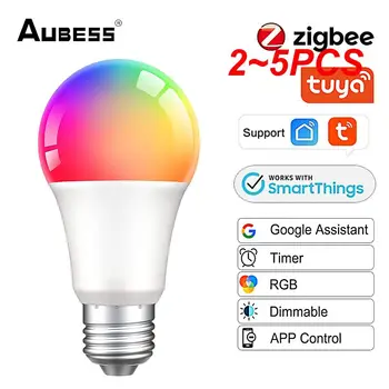 2 ~ 5ШТ Tuya Zigbee Smart Light Светодиодная Лампа RGBCW E27 С Регулируемой Яркостью, Меняющая Цвет, Неоновая Лампа Для Alexa Home Smart Life APP