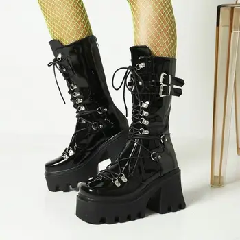 2022 женские ботинки из черной лакированной кожи с пряжкой для ремня, мотоциклетные ботинки с толстым дном спереди на шнуровке, женские высокие ботинки