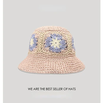 2023 Летние женские плетеные соломенные шляпы-ведра с цветочным узором, связанные вручную крючком, Складная шляпа-горшок с защитой от ультрафиолета, пляжная шляпа для рыбалки