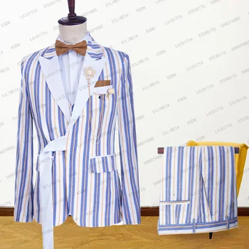 2023 Мужской костюм, льняной комплект для отдыха из 2 предметов, сине-белая Оранжевая полоса, Приталенное модное пальто с отворотом и брюками на одной бретели