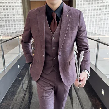 2023 Мужчины высокого класса (костюм + Жилет + брюки) Модный и красивый Свадебный деловой Повседневный костюм-тройка в Корейском стиле Slim-fit