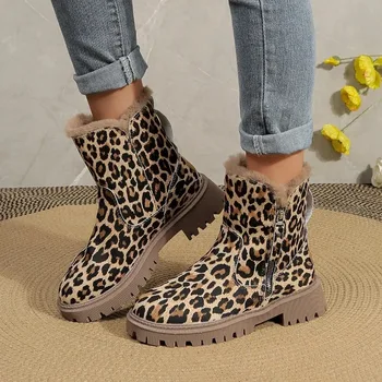 2023 Новые женские ботинки Модные повседневные ботинки с леопардовым принтом, хит продаж, теплые женские ботинки до середины икры с круглым носком
