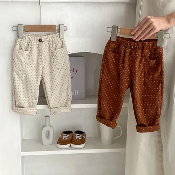 2023 Осенние Новые детские вельветовые брюки, брюки с точечным принтом для маленьких девочек, повседневные брюки для маленьких мальчиков, детские вельветовые брюки