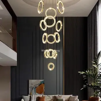 2023 Современная хрустальная светодиодная люстра для большого домашнего декора Светлая лестница Длинный холл виллы Подвесное кольцо Светильник Cristal Lamp Лампа