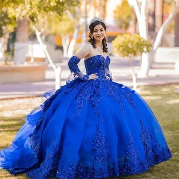 2024 Королевские Синие Кружевные Пышные Пышные Платья-бусы С блестками, Vestidos De 15 Años Sweet 16 Quince Robe, Платья Для Дня Рождения
