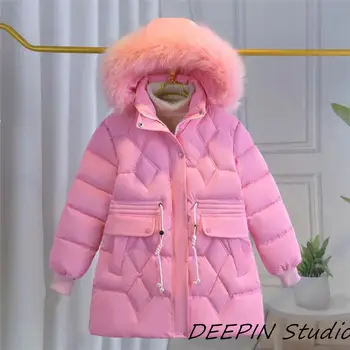 -30 ℃ Зимняя пуховая куртка для девочек, модная одежда с меховым воротником и капюшоном, новинка 2024 года, детская верхняя одежда, водонепроницаемая детская парка средней длины