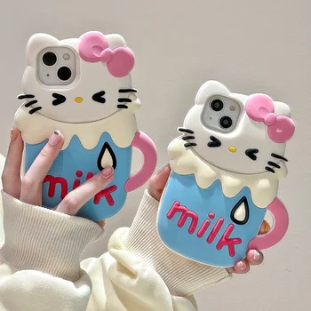 3D Трехмерный чехол для телефона Sanrio Milk Hello Kitty для iPhone 15 14 13 12 11 Pro Max, силиконовая мягкая задняя крышка, подарок для девочки