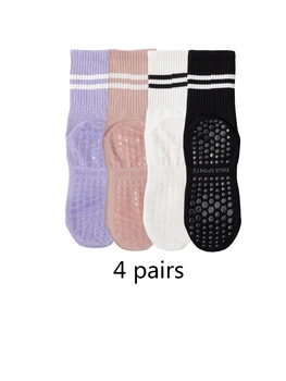 4 пары носков для йоги, носки средней длины, натуральный хлопок, противоскользящий силикон для занятий фитнесом и пилатесом в помещении, женские спортивные носки оптом