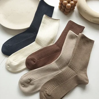 5 пар новых японских носков, женские носки до середины икры, повседневные хлопчатобумажные носки, осенние простые женские носки средней длины
