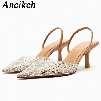 Aneikeh2024 Элегантные Классические Босоножки с острым носком, женская обувь на одну ногу, Весна / Лето, Свадебное платье на высоком каблуке с резинкой из ПВХ с кристаллами