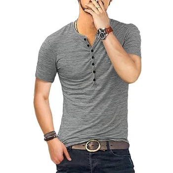 B820 Мужская футболка Henley с коротким рукавом Стильная приталенная футболка с V-образным вырезом на пуговицах Повседневные мужские футболки американского размера