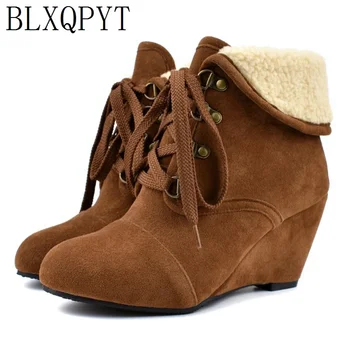 BLXQPYT/Новинка; Большие размеры 34-48; женские теплые зимние ботинки на танкетке и высоком каблуке; коллекция 2019 года; винтажные ботильоны в западном стиле на платформе; женская обувь; 172-3