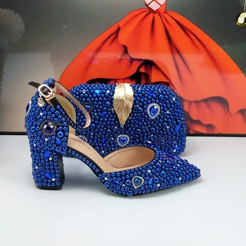 BaoYaFang/ Свадебные туфли для новобрачных с королевским синим жемчугом и сумками, модные вечерние модельные туфли с острым носком на высоком толстом каблуке, Женские туфли-лодочки