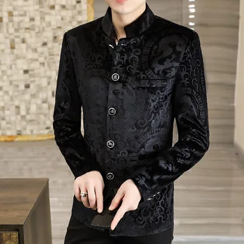 HOO 2023 Новый мужской бархатный пиджак с принтом и воротником-стойкой, молодежный модный блейзер для отдыха