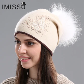IMISSU/ Вязаные женские шапки на Зиму, Повседневная Шерстяная Шапка с помпоном из натурального Меха Енота, Однотонная Лыжная шапка-маска Gorros для девочек