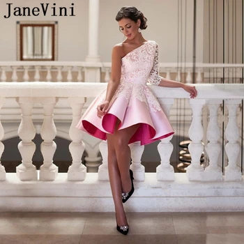 JaneVini 2019 Элегантные короткие коктейльные платья с рукавами на одно плечо Белые кружевные аппликации Атласные платья МиниАсилуэта на молнии сзади