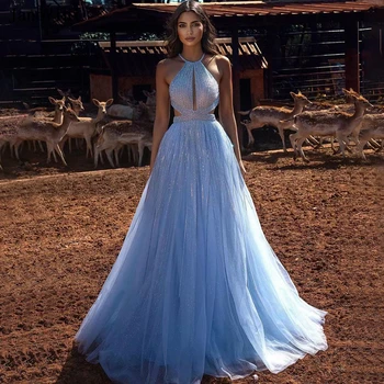 JaneVini Роскошные Длинные вечерние платья Dubai Blue, расшитые блестками и бисером, 2023 Новые Арабские Женские платья для выпускного вечера знаменитостей A Line на заказ