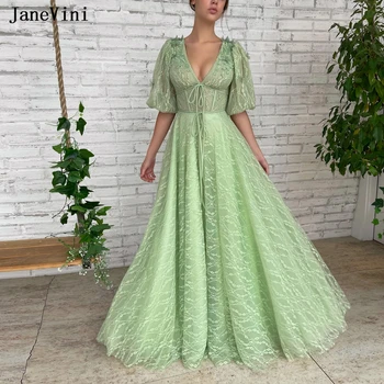 JaneVini милое вечернее платье, кружевные элегантные платья для выпускного вечера, корсет с V-образным вырезом, бант, лента, расшитая бисером, выпускное платье большого размера для женщин